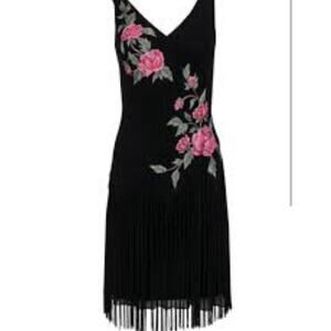 Sue Wong Sz 10 Vintage Y2K Black Silk Embroidered Fringed Dress EUC